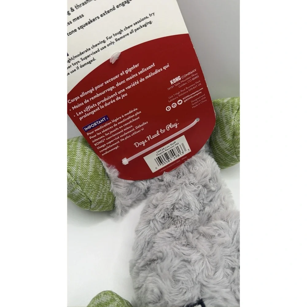 KONG Flopzie Low Stuff Raccoon Dog Toy Squeaky Weighted Medium LWF24